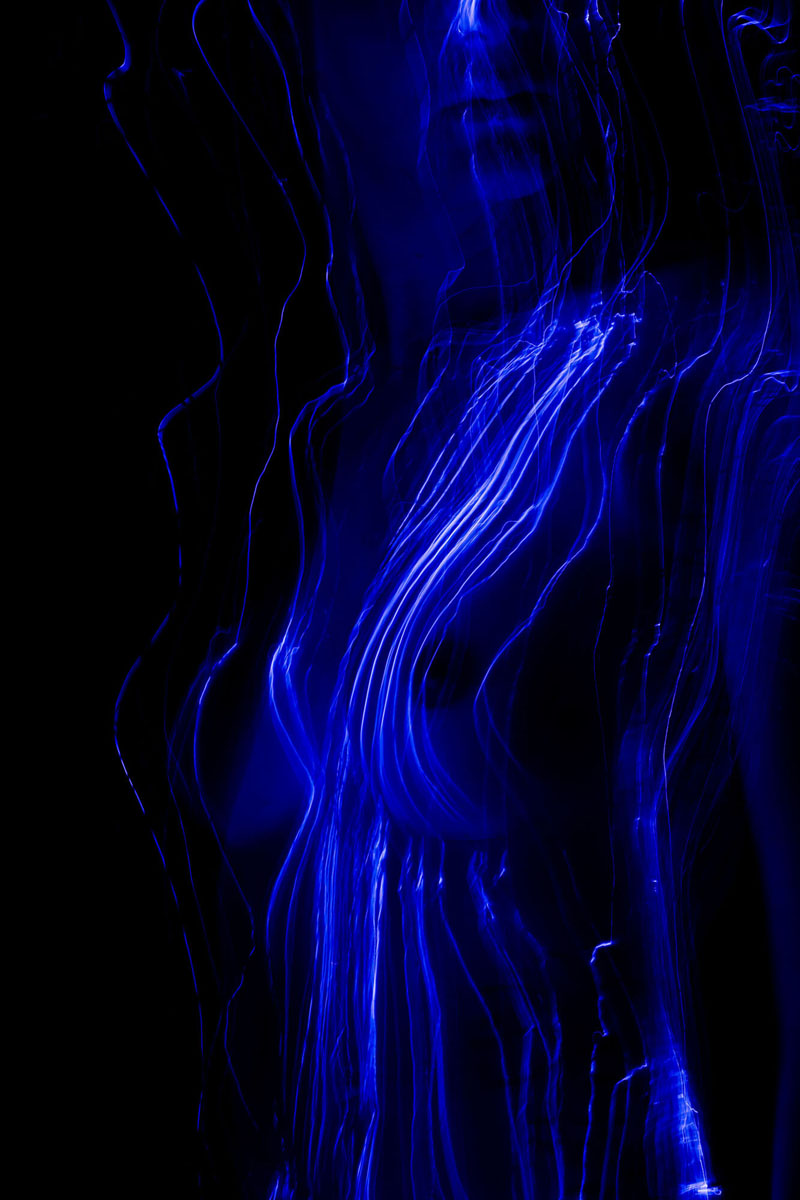 Elegante Akt-Lichtmalerei in Blau - Künstlerische Fotografie Traunstein Chiemsee Künstlerische Aktfotografie mit blauen Lichtspuren entlang weiblicher Silhouette, Langzeitbelichtung Fotograf Traunstein